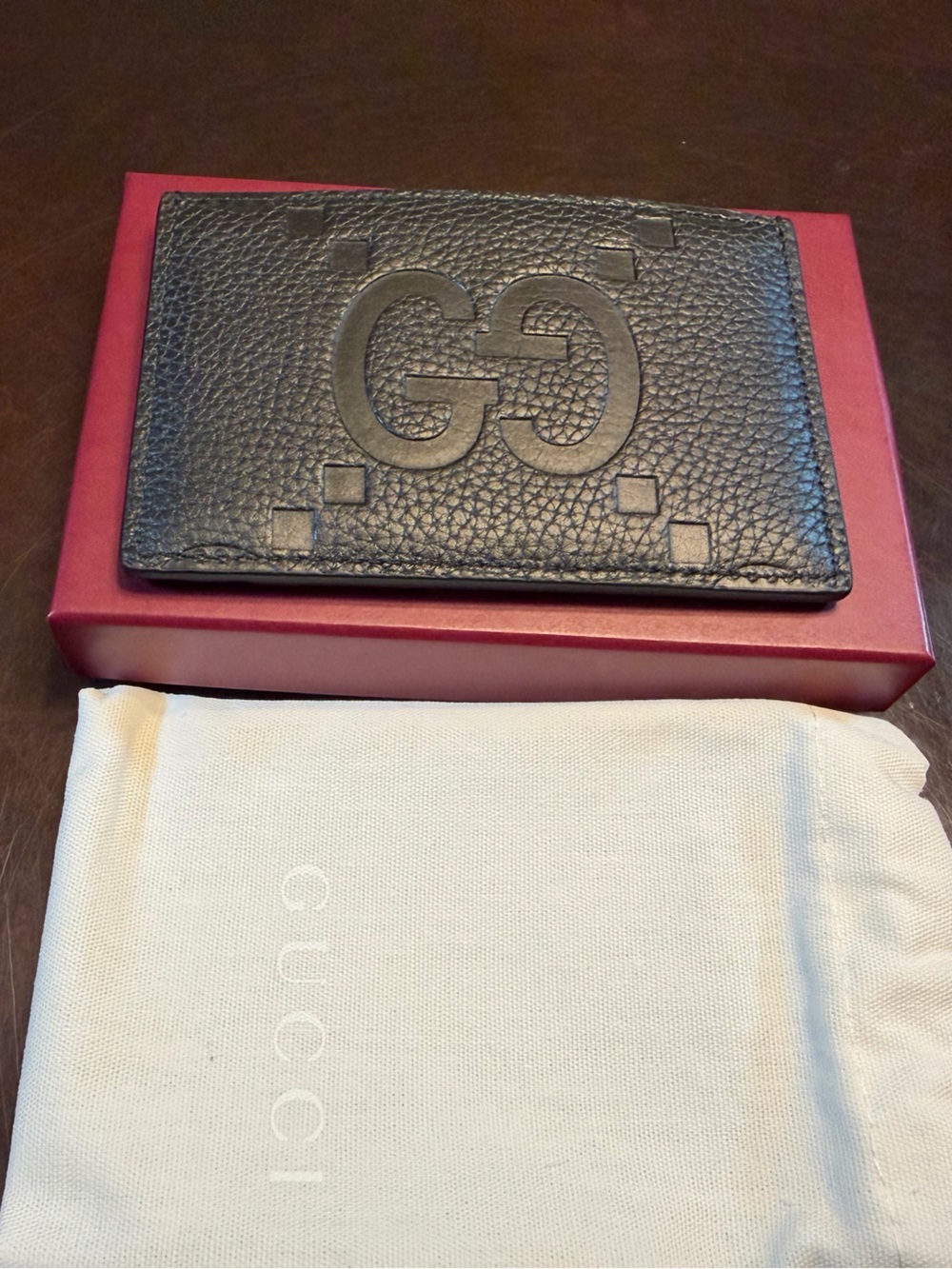 New Authentic Gucci GG Jumbo Logo Card Case Walllet Black Leather